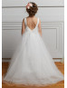 V Neck Beaded Ivory Embroidered Lace Tulle Flower Girl Dress